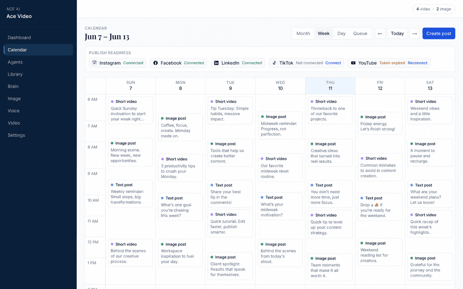 The Ace Video publishing calendar with scheduled video, image, and text posts